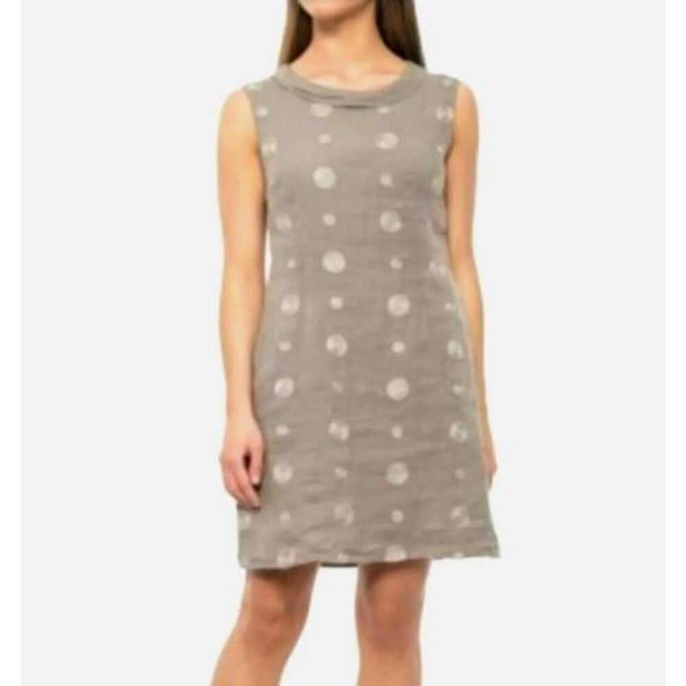 Lina Tomei Italy Linen Dress Womens XL Tan Embroidered Polka Dot Shift
